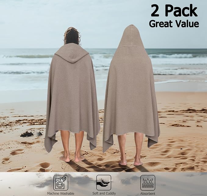 COTTON CRAFT Hooded Bath Towel for Adults – 2 Pack 100% Cotton Bath Sheet | Waffle Weave Oversized 35x70 inch Ringspun Terry Bath Wrap with a hood - Soft Super Absorbent Quick Dry – 450 GSM – Linen