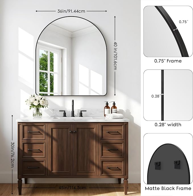 BONEWEI Arched Wall Mirror,36x40 inch Black Arched Mirror Bathroom,Vanity Mirror for Over Sink Metal Frame,Tempered Glass Arch Mirrors for Bedroom,Entryway,Living Room,Home Decor Shatter-Proof