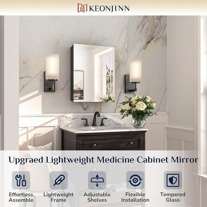 Keonjinn Black Medicine Cabinet with Mirror 14" x 18", Adjustable Shelves | Assembly Required, Suitable for Compact Bathroom, Wall Mount or Recessed, Adjustable Shelves, HD Tempered Glass, Soft Closing