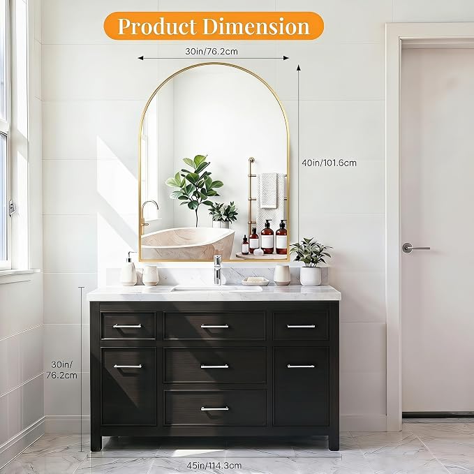 Sweetcrispy 30"x40" Arched Bathroom Mirror, Bathroom Mirrors for Over Sink | Modern Wall Mirrors Arch Decorative for Entryway, Bedroom, Vanity,Horizontal or Vertical Hanging, Gold