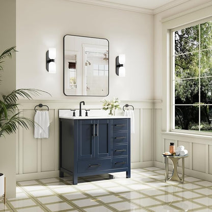 36-Inch Bathroom Vanity with Sink, 2 Soft-Close Doors and 5 Soft-Close Drawers, Bathroom Freestanding Vanity with Cultured Marble Countertop, Bathroom Navy Blue Vanity With Matte Black Handles
