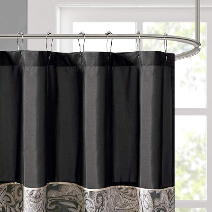 Madison Park - MP70-845 Aubrey Shower Curtain Paisley Jacquard Pieced Microfiber Faux Silk Modern Home Bathroom Decorations Bathtub Privacy Screen, 72" x 72", Black | Microfiber, Adds Privacy, Machine Washable, Striped Pattern, OEKO-TEX Certified