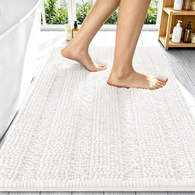 Smiry Thick Chenille Bathroom Runner Rugs 59x20, Absorbent Bath Mat, Ivory | Quick‑Dry & Machine Washable, Non‑Slip Bath Carpet, Soft Striped Bath Rugs for Tub & Shower, Modern Home Decor Accessories