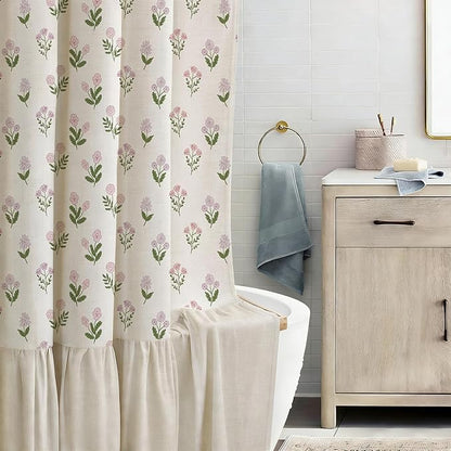 ORTIGIA Linen Textured Ruffle Shower Curtain 72x72 Inch with Metal Hooks, Vintage Pink Floral Flowers Block Print Boho Waterproof Bath Curtain for Rustic Farmhouse Bathroom Decor