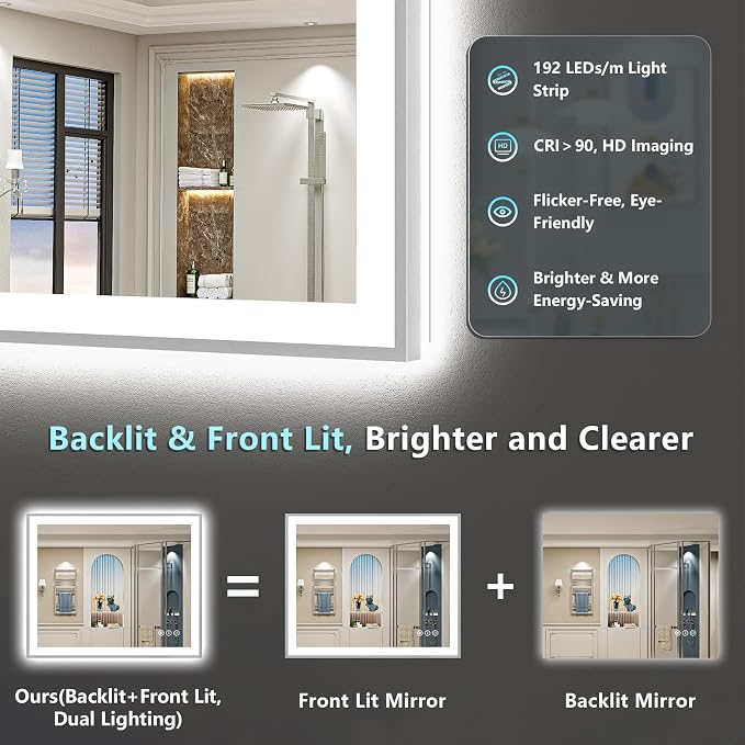 44x30 Inch Brushed Nickel LED Bathroom Mirror, Backlit & Front Lit | Silver Framed Anti-Fog Lighted Vanity Mirror with Lights, 3 Color Dimmable, Memory, HD Tempered Glass, CRI95, IP54, UL Listed