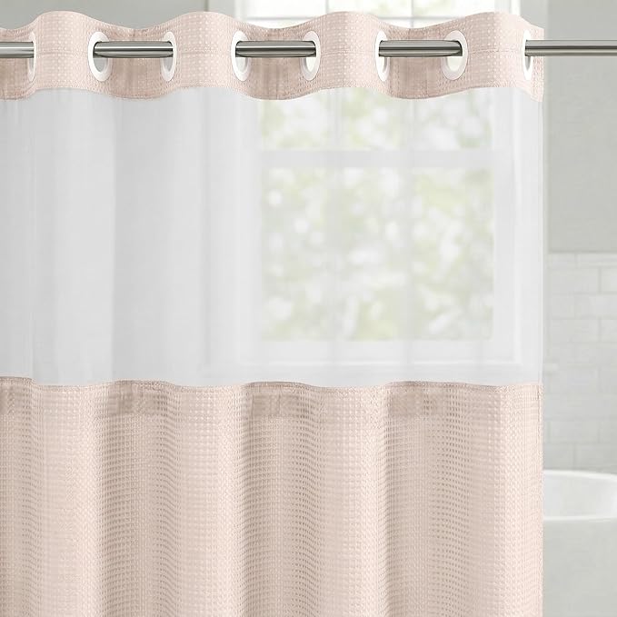 Americanflat 72x75 Hookless Waffle Pattern Shower Curtain - Water-Resistant Long Shower Curtain with Sheer Panel, Snap-in Liner, and Durable Grommets - 100% Polyester - Pink