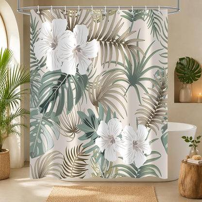 Tropical Shower Curtain for Bathroom, Green Palm Tree Flower Plant Boho Leaf Banana Monstera Sage Beige Shower Curtains Set, Fabric Bathroom Accessories with Hooks 60x72 Inch