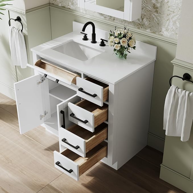 36-Inch Bathroom Vanity with Sink W/ 2 Doors & 4 Drawers & 1 Flip Drawer, White Vanity W/Matte Black Handles