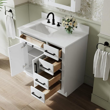 36-Inch Bathroom Vanity with Sink W/ 2 Doors & 4 Drawers & 1 Flip Drawer, White Vanity W/Matte Black Handles