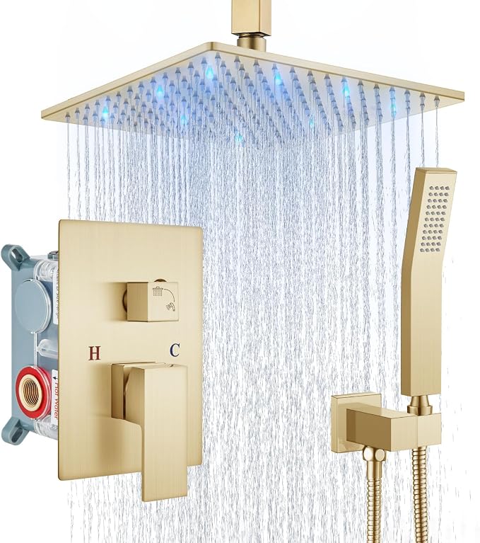 Aolemi Ceiling Shower Faucet Set with Handheld 10" LED Head Brushed Gold | Handheld Spray,10 Inch Rain LED Head,Shower Valve and Trim Kit,All Metal,Ceiling System,Bathroom Mixer
