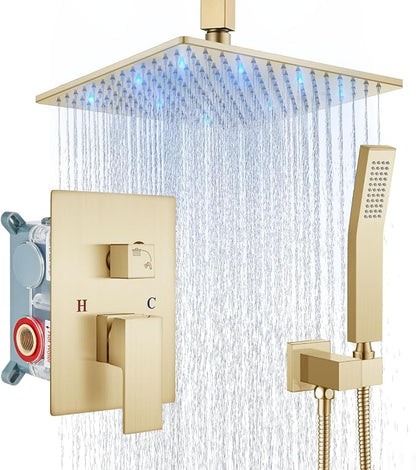 Aolemi Ceiling Shower Faucet Set with Handheld 10" LED Head Brushed Gold | Handheld Spray,10 Inch Rain LED Head,Shower Valve and Trim Kit,All Metal,Ceiling System,Bathroom Mixer