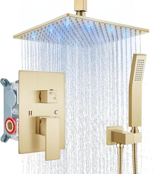 Aolemi Ceiling Shower Faucet Set with Handheld 10" LED Head Brushed Gold | Handheld Spray,10 Inch Rain LED Head,Shower Valve and Trim Kit,All Metal,Ceiling System,Bathroom Mixer