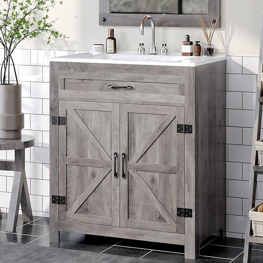 VINGLI 30" Farmhouse Bathroom Vanity with Sink, Undermount Vanity Sink Cabinet with Barn Door &Shelf,Free Standing Small Bathroom Storage Cabinet with 3 Holes Ceramic Basin Combo Set,Washed Gray