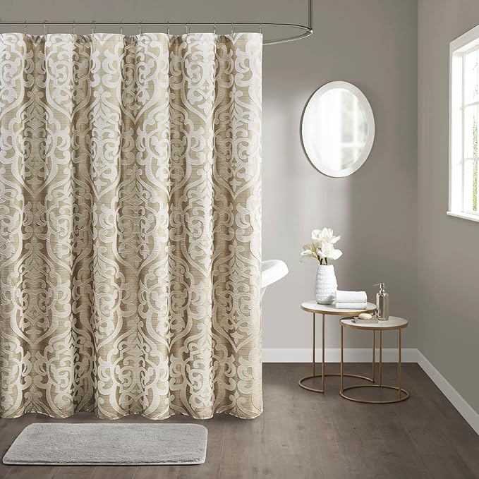 Madison Park Fabric Damask Medallion Shower Curtain, 72"x72" Tan/Ivory | Luxe Textured Jacquard, Machine Washable Modern Home Bathroom Decor, Bathtub Privacy Screen