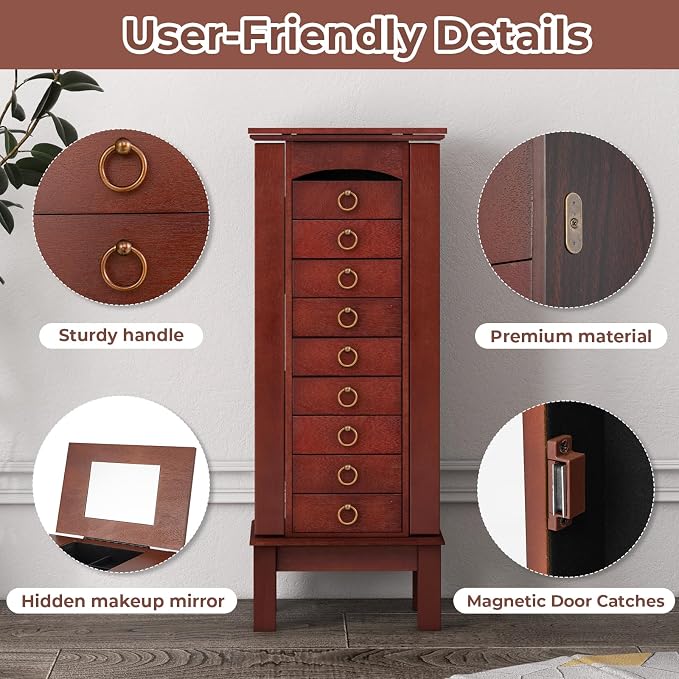 GOFLAME Standing Jewelry Cabinet Armoire, Jewelry Storage Organizer with Flip Top Mirror, 9 Drawers, 2 Side Doors, Space Saving Jewelry Chest Armoire for Necklaces, Earrings, Bracelets, Brown