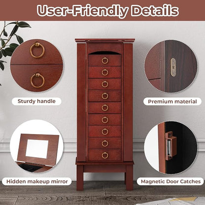 GOFLAME Standing Jewelry Cabinet Armoire, Jewelry Storage Organizer with Flip Top Mirror, 9 Drawers, 2 Side Doors, Space Saving Jewelry Chest Armoire for Necklaces, Earrings, Bracelets, Brown