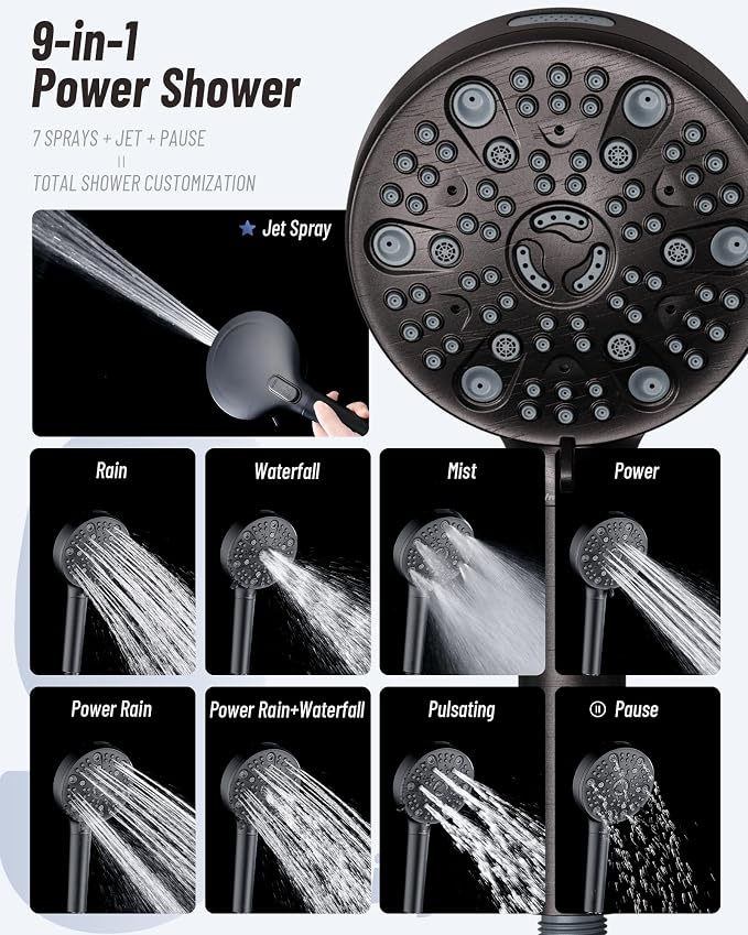 Filtered Handheld Shower Head for Hard Water, High Pressure Showerhead with 7 Spray Modes, Power Jet & Pause, Detachable & Adjustable for Healthier Skin & Hair - Oil Rubbed Bronze (VMASSTONE HM-003)