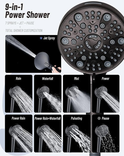 Filtered Handheld Shower Head for Hard Water, High Pressure Showerhead with 7 Spray Modes, Power Jet & Pause, Detachable & Adjustable for Healthier Skin & Hair - Oil Rubbed Bronze (VMASSTONE HM-003)