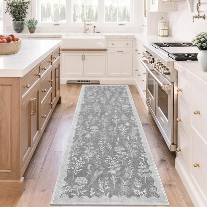 GarveeHome Washable 2x6 Runner Rugs for Bathroom Floral Kitchen Rug Neutral Scalloped Carpet, Non-Slip Hallway Rug Stain Resistant Modern Low-Pile Carpet for ‎Laundry Bedside Entryway(2x6 ft,Grey)