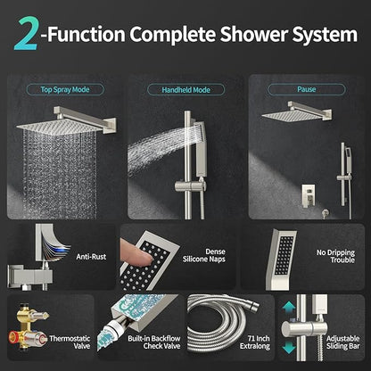 SR SUN RISE Shower System with 10" Rain Showerhead, Square Handheld Showerwith 16-Inch Slide Bar and 71-Inch Hose, Wall Mounted Shower Faucet Set Included Valve and Trim Kit, Brushed Nickel