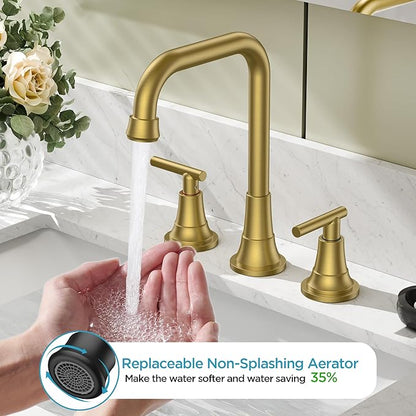 FORIOUS 3 Hole 8 Inch Widespread Bathroom Faucet in Brushed Gold - 2 Handle Bathroom Sink Faucets with Pop Up Drain Assembly and 2 Water Supply Lines for RV Bath Vanity Farmhouse, 360°Swivel Spout