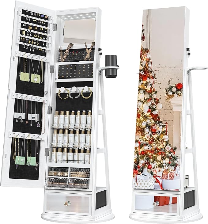 Mirror Jewelry Cabinet Standing, 360° Swivel Jewelry Armoire | with Drawer LED Lights, Lockable Jewelry Organizer with Storage Shelves