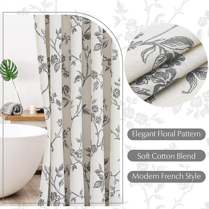 MitoVilla Grey Cotton Floral Shower Curtain for Bathroom, 72 x 72 | Grey BoHo Cottagecore Spring Shower Curtains, Modern Farmhouse Country Plant Leaves Bathroom Décor, 72 x 72