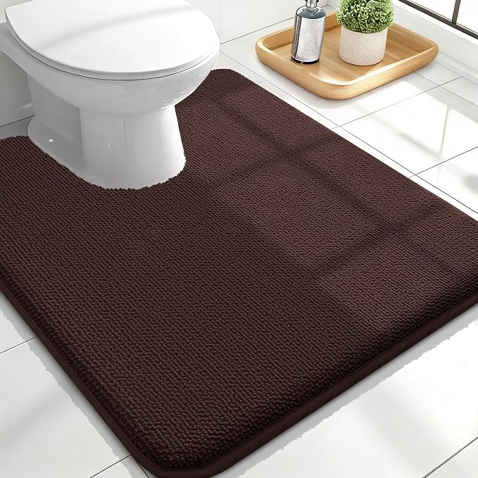 OLANLY Memory Foam Bathroom Toilet Rug U-Shaped 24x20, Absorbent Mat, Brown | Soft Quick Dry Bath Rugs, Non-Slip Carpet, Machine Washable Mat for Bathroom Floor, Tub and Shower, Home Decor Accessories