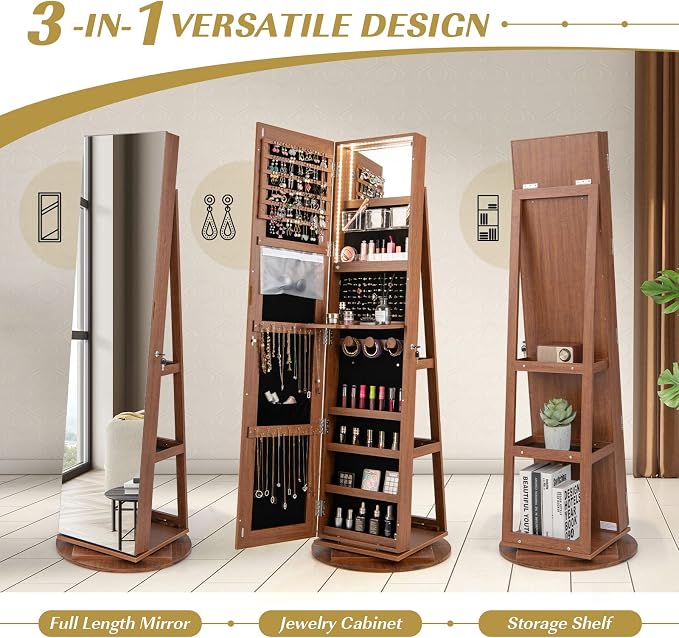MAT EXPERT 360° Rotating Jewelry Armoire, Lockable Freestanding Jewelry Organizer w/Full-length Mirror, 3-Color LED Lights, Rear Storage Shelves, Mirror Jewelry Cabinet for Bedroom (Walnut)