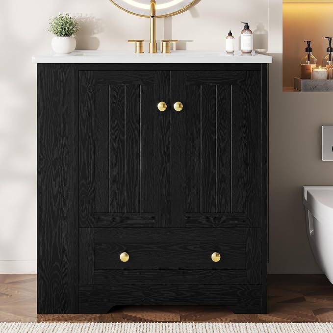 IRONCK Bathroom Vanity with Ceramic Sink, 30" Bathroom Cabinet, Black | Features a Ceramic Sink, 3 Doors, 1 Drawer and Flexible Side Storage for Organized Bathroom Storage
