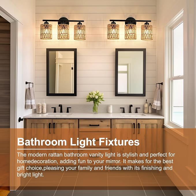 Frideko 3-Light Bathroom Vanity Light Fixtures, Modern Rattan Bathroom Lighting Fixtures Over Mirror, Boho Wall Sconces with Woven Lampshade, Black Wall Lamp for Farmhouse Living Room Bedroom