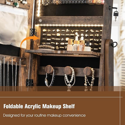 CHARMAID Rolling Jewelry Armoire with Full Length Mirror, Lockable Standing Jewelry Cabinet Organizer with Wheels & 3-Color Lights, Mirror with Jewelry Storage, Drawers & Shelves (Rustic Brown)