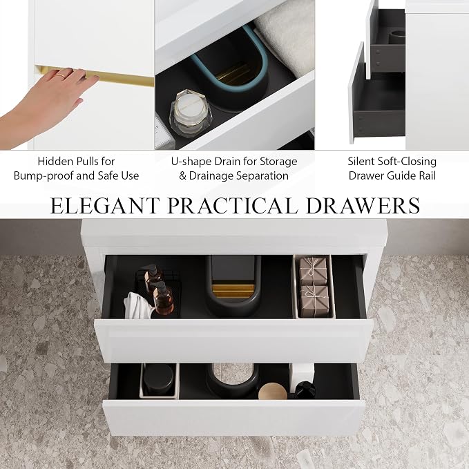 Modern 30" Wall-Mounted Bathroom Vanity with Sink | Floating Storage Cabinet, Stone Resin Countertop, Soft Close Drawers | Glossy White