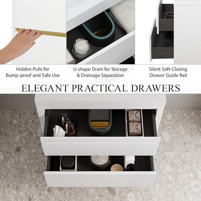 Modern 30" Wall-Mounted Bathroom Vanity with Sink | Floating Storage Cabinet, Stone Resin Countertop, Soft Close Drawers | Glossy White