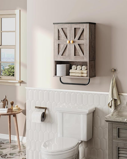 Bathroom Wall Cabinet, Medicine Cabinet with Open Partition and Towel Bar, Rustic Storage Cabinet with Open and Hidden Storage Space, for Bathroom, Living Room, Greige and Charcoal Black