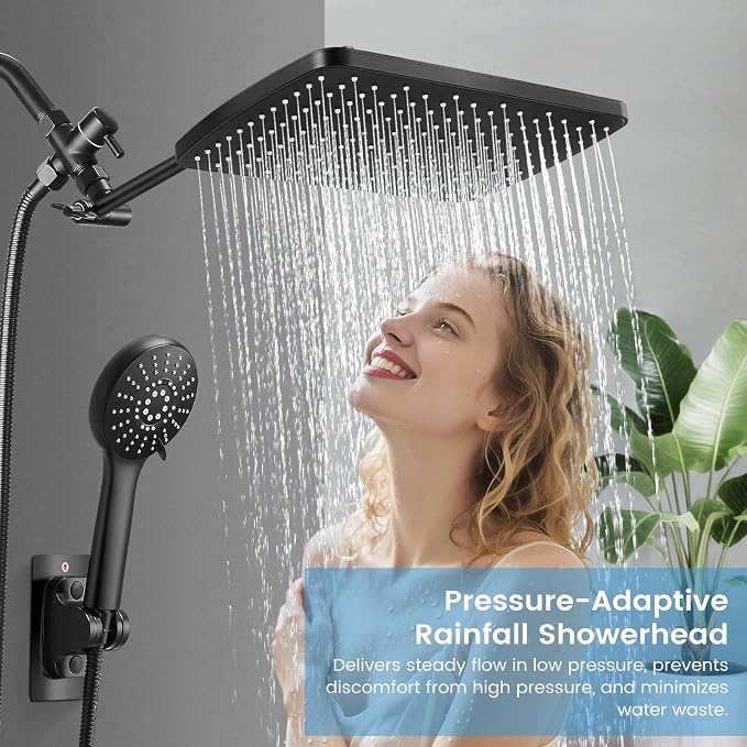 Shower Head with Handheld, High Pressure Black Rain Shower Head | Regaderas Para Shower,11.8" Rectangular,Rainfall Shower Head,Dual Shower Head,Bathroom Decor,Extension Arm,5 Spray Mode