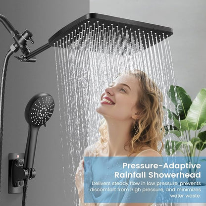 Shower Head with Handheld, High Pressure Black Rain Shower Head | Regaderas Para Shower,11.8" Rectangular,Rainfall Shower Head,Dual Shower Head,Bathroom Decor,Extension Arm,5 Spray Mode