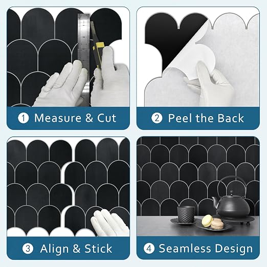 SUNWINGS 10-Sheet Fish Scale Peel and Stick Backsplash Tile, 11.4'' x 10.9" Stone Composite Scallop Handmade Looks Self-Adhesive Wall Tiles for Kitchen Bathroom, Black