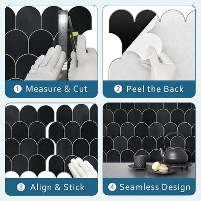 SUNWINGS 10-Sheet Fish Scale Peel and Stick Backsplash Tile, 11.4'' x 10.9" Stone Composite Scallop Handmade Looks Self-Adhesive Wall Tiles for Kitchen Bathroom, Black