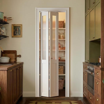 SMARTSTANDARD 24" x 80" Reeded Glass Bifold Closet Doors, Preassembled, MDF | Water-Proof PVC Surface, Half Tempered Glass with Hardware Kit, White Interior Slab for Kitchen, Closet, Pantry, White
