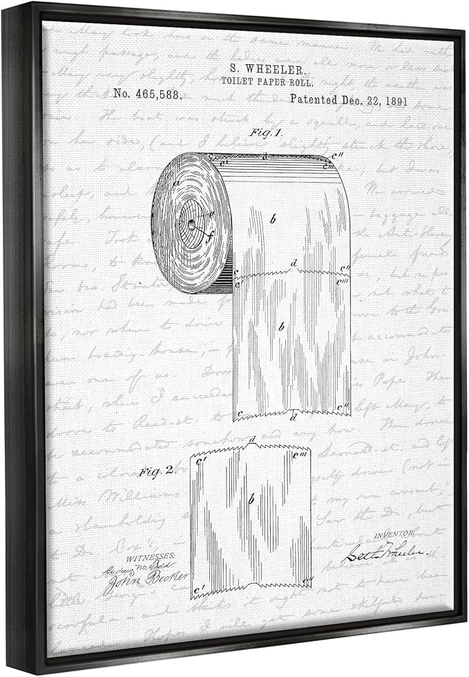 Vintage Patent Bathroom, 24 x 30 Inch Canvas in Floater Frame | Stupell Industries · By Lettered and Lined · Ready to hang · Great for bath and laundry decor · Made in USA