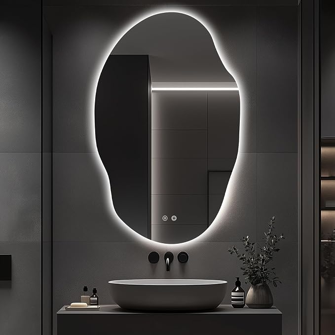 Asymmetrical LED Bathroom Mirror with Lights,Irregular Led Bathroom Vanity Mirror for Wall with Backlit, Anti Fog, 3 Colors and Dimmable Light,[Horizontal/Vertical] 48" H x 30" W