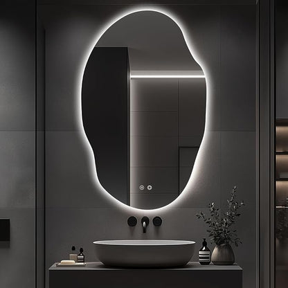 Asymmetrical LED Bathroom Mirror with Lights,Irregular Led Bathroom Vanity Mirror for Wall with Backlit, Anti Fog, 3 Colors and Dimmable Light,[Horizontal/Vertical] 48" H x 30" W