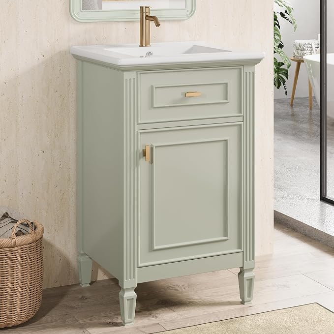GDFStudio Hawthorne 20" Modern Bathroom Vanity with Sink, Freestanding Bathroom Vanity Organizer with Tilt Out Drawer, Adjustable Shelf and Solid Wood Legs, Single Sink Bathroom Vanity, Green