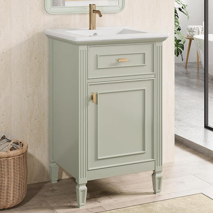 GDFStudio Hawthorne 20" Modern Bathroom Vanity with Sink, Freestanding Bathroom Vanity Organizer with Tilt Out Drawer, Adjustable Shelf and Solid Wood Legs, Single Sink Bathroom Vanity, Green