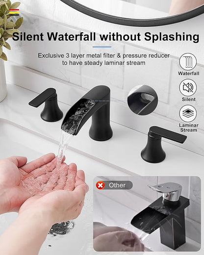 Waterfall Bathroom Sink Faucet, Brass Black Bathroom Faucet, 4-8 Inch 2 Handles Widespread Bathroom Faucets for Sink 3 Hole Vanity Lavatory Farmhouse RV with Pop Up Drain and Supply Hose