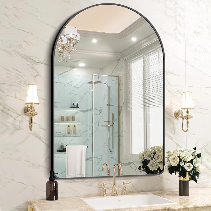 FORBATH Arched Mirror 32x48 Inch, Bathroom Mirror Wall Mounted Modern Black Aluminum Alloy Frame Decor Large Dresser, for Bedroom Living Room Entryway, Hanging or Leaning Against Wall