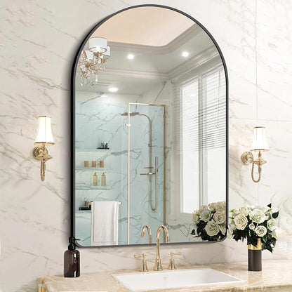 FORBATH Arched Mirror 32x48 Inch, Bathroom Mirror Wall Mounted Modern Black Aluminum Alloy Frame Decor Large Dresser, for Bedroom Living Room Entryway, Hanging or Leaning Against Wall