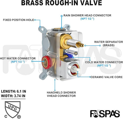 Shower Faucet Set, Shower System with 12 Inch Rain Showerhead and Handheld Shower, Wall Mounted High-Pressure Showerhead Combo Set Included Valve and Trim, Polished Chrome