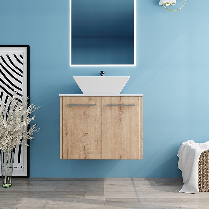 24" Floating Vanity with Sink, 24 Inch Bathroom Vanity with Sink, Modern Plywood Floating Cabinet with Sintered Stone Countertop and White Ceramic Basin, Soft Close Doors